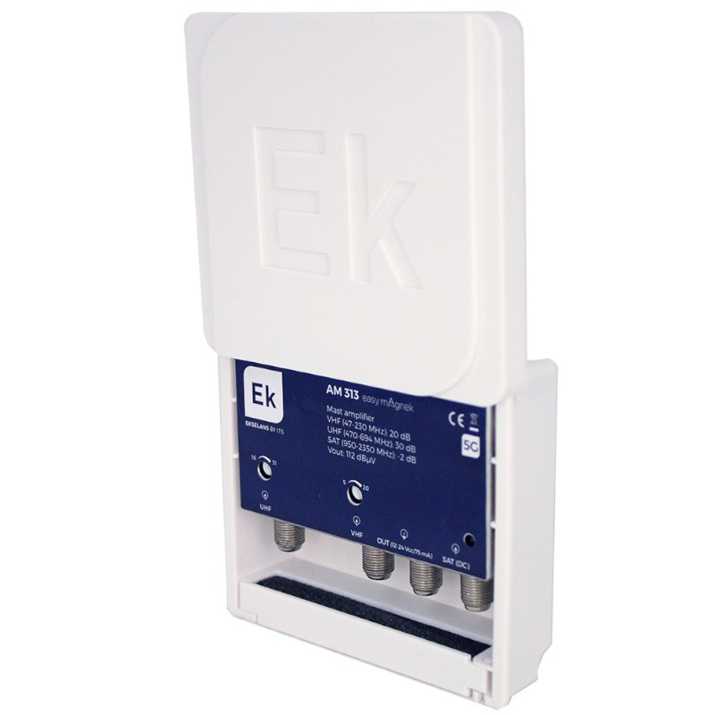 EK AM-313 - Amplificador de mástil con 3 entradas: VHF, UHF y SAT