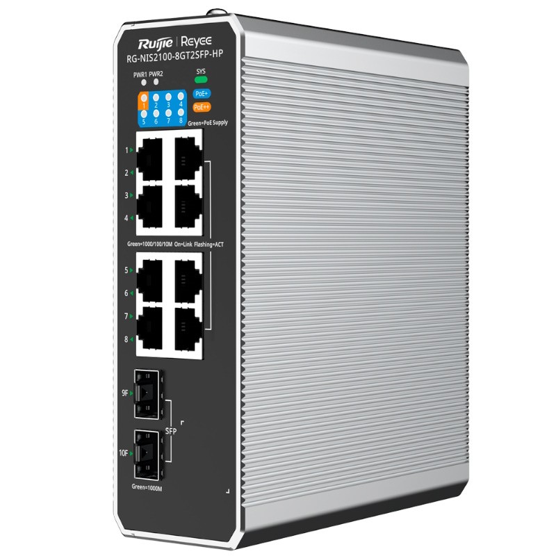 Reyee RG-NIS2100-8GT2SFP-HP - Switch Industrial PoE Cloud Capa 2 con 8 puertos RJ45 Gb + 2 SFP