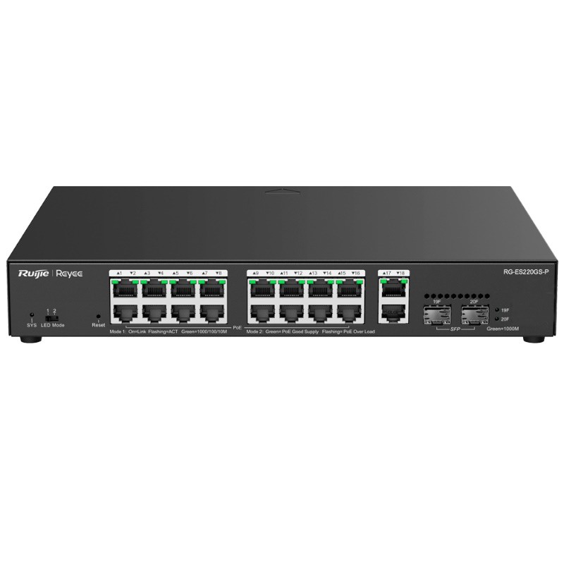 Reyee RG-ES220GS-P - Switch PoE Gestionable 16 PoE 802.3af/at + 2 SFP + 2 uplink RJ45