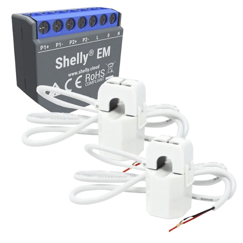 Shelly EM + 2 x 50A - Medidor de energía WiFi 2 canales con 2 pinzas amperimétricas.
