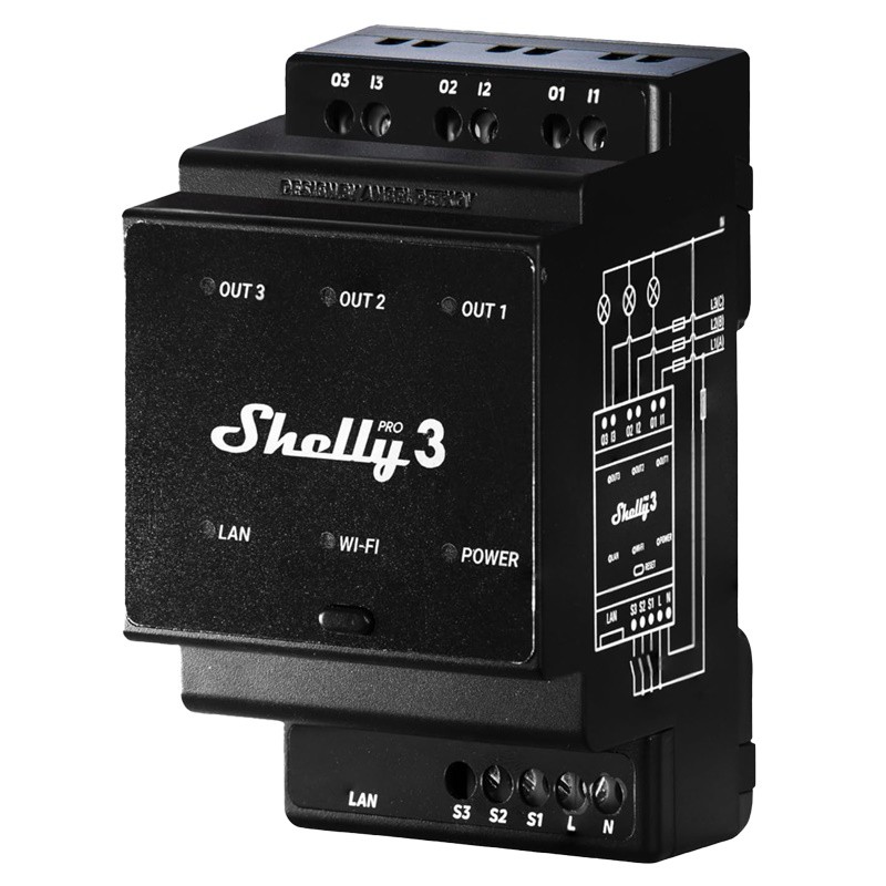 Shelly Pro 3 - Relé WiFi profesional 3 canales DIN 48A contactos secos