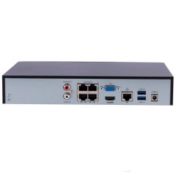 UV-NVR301-04B-P4-IQ - Panel trasero del NVR Uniview con puertos PoE, HDMI, VGA y USB