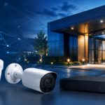 Cámaras de videovigilancia CCTV y grabador protegiendo un edificio profesional