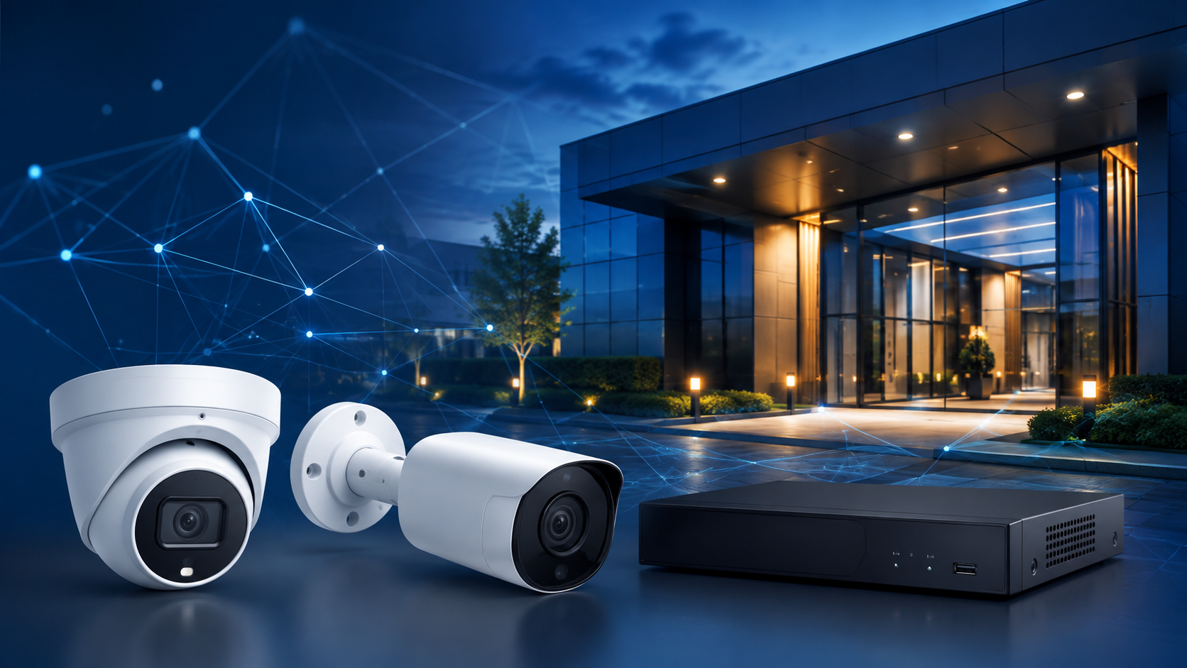 Cámaras de videovigilancia CCTV y grabador protegiendo un edificio profesional