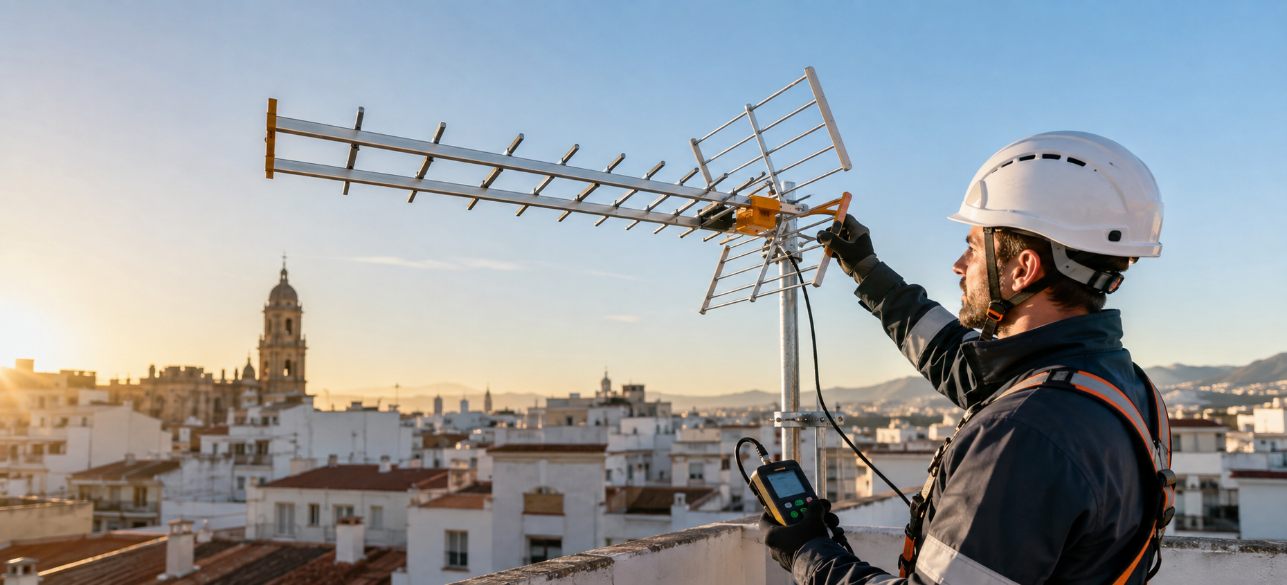 Instalador orientando una antena TDT con un medidor de campo