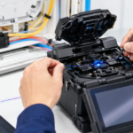 Instalador profesional trabajando con una fusionadora de fibra óptica