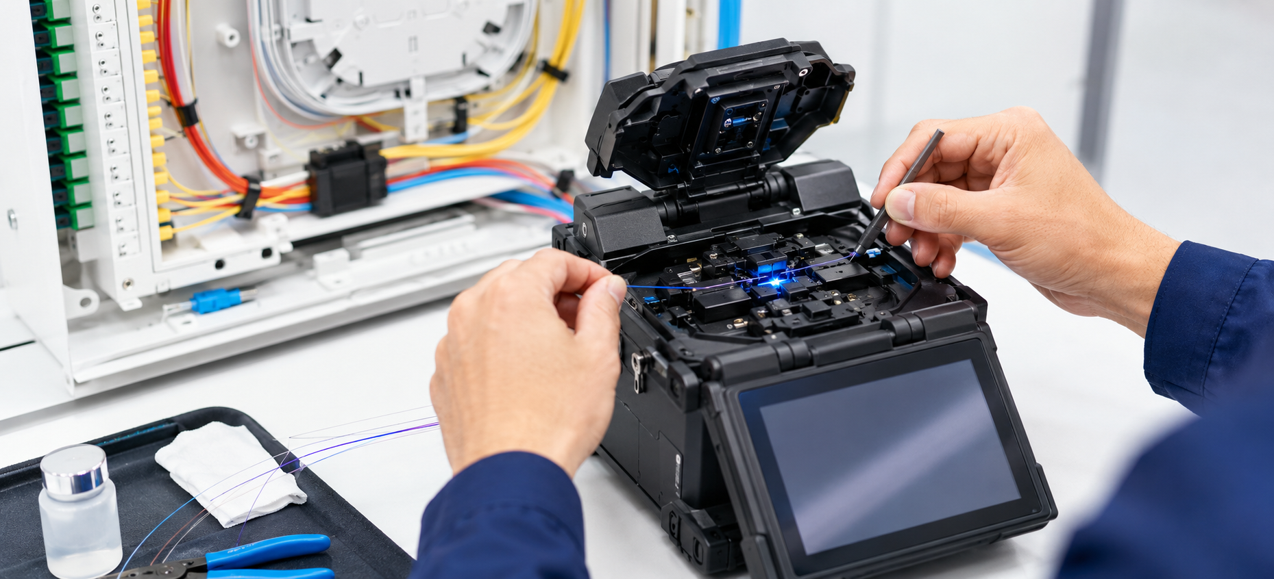 Instalador profesional trabajando con una fusionadora de fibra óptica