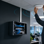 Instalador configurando una red profesional con punto de acceso Wi‑Fi 7 de Reyee