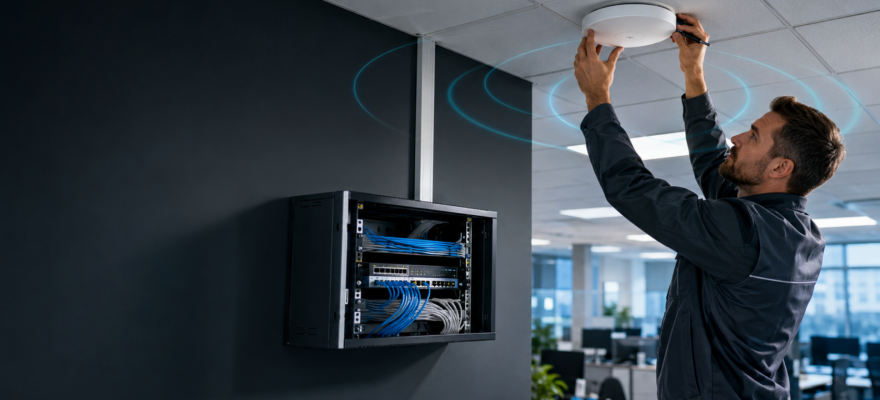 Instalador configurando una red profesional con punto de acceso Wi‑Fi 7 de Reyee