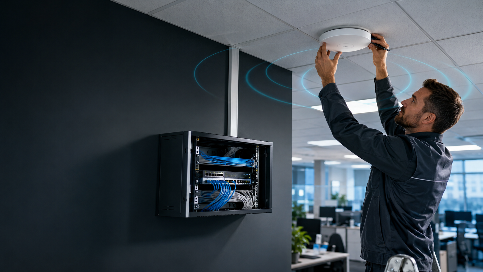 Instalador configurando una red profesional con punto de acceso Wi‑Fi 7 de Reyee