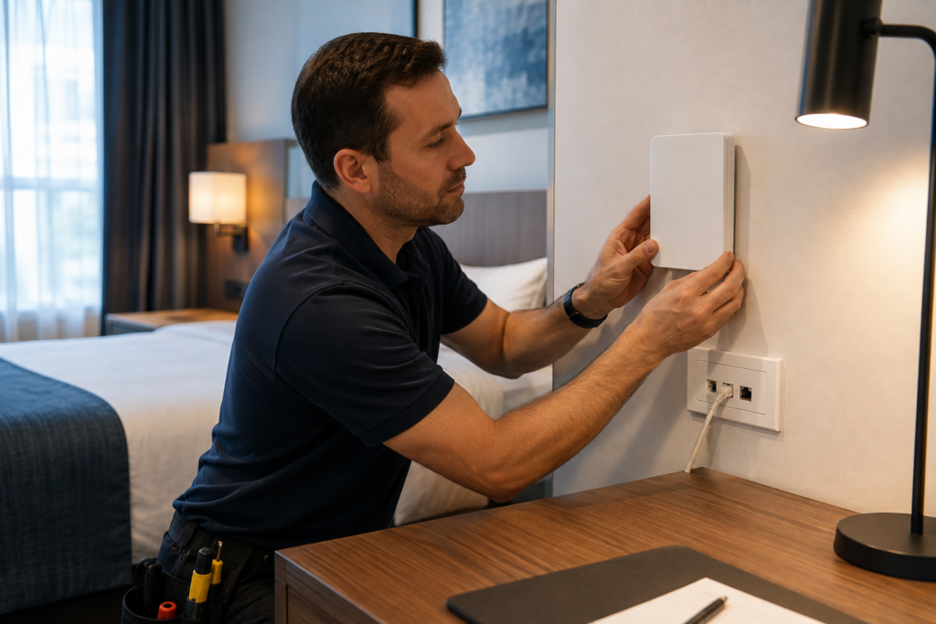 Instalador montando un punto de acceso Wi‑Fi 7 en una red profesional