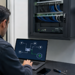 Instalador reiniciando remotamente una cámara IP conectada a un switch PoE