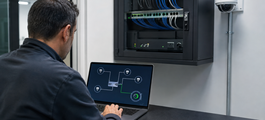Instalador reiniciando remotamente una cámara IP conectada a un switch PoE