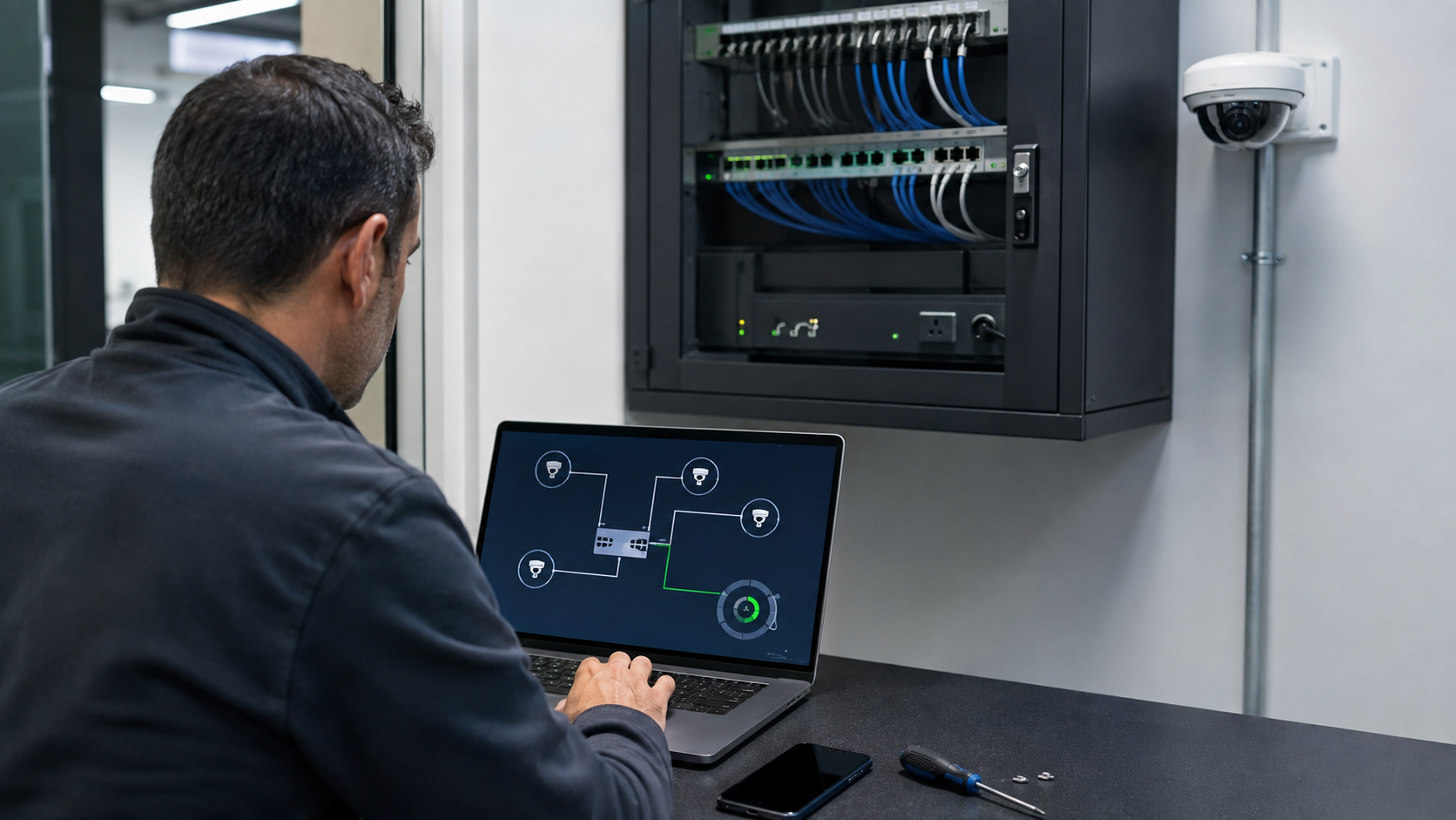Instalador reiniciando remotamente una cámara IP conectada a un switch PoE