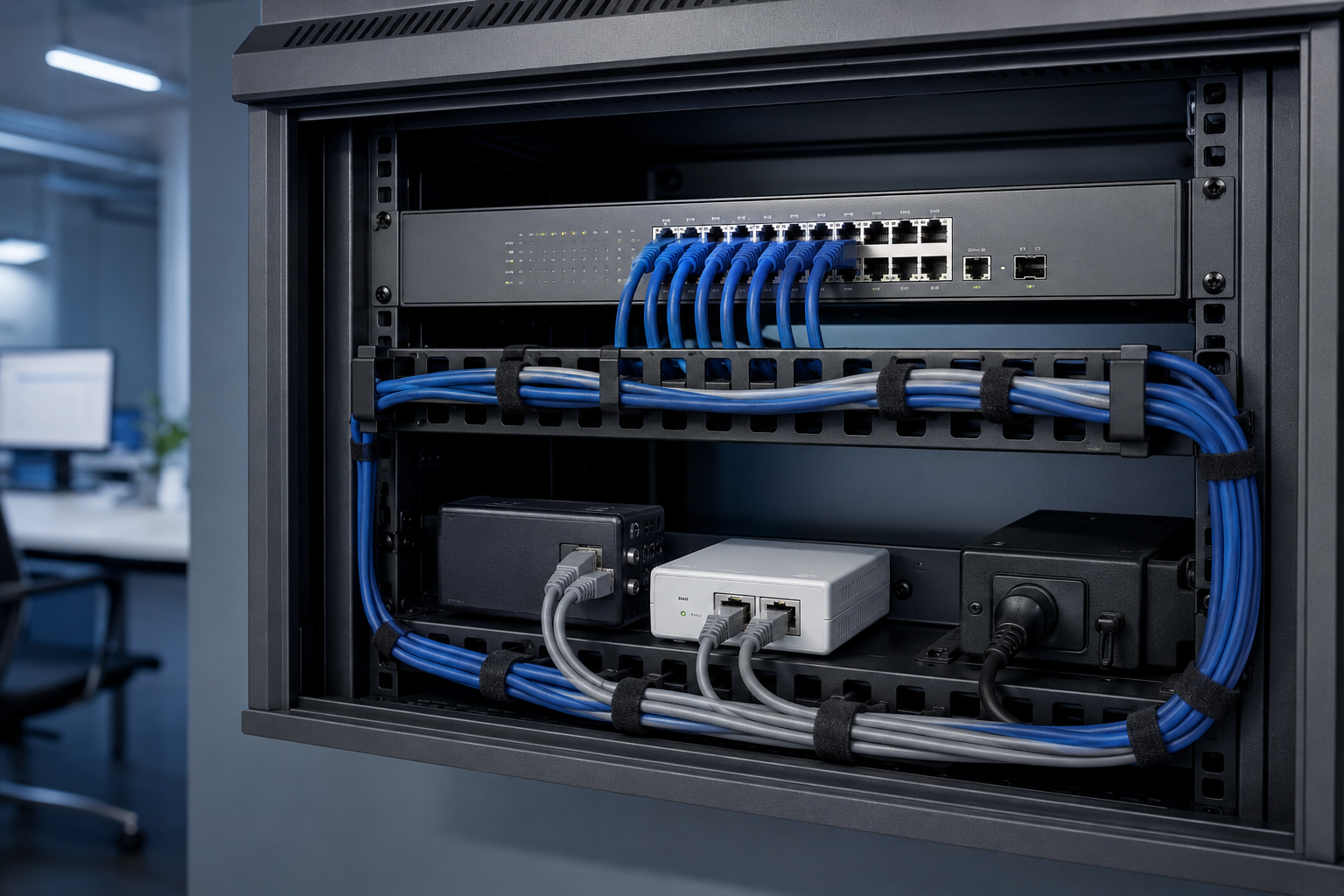 Switch gestionado instalado en rack con cableado organizado